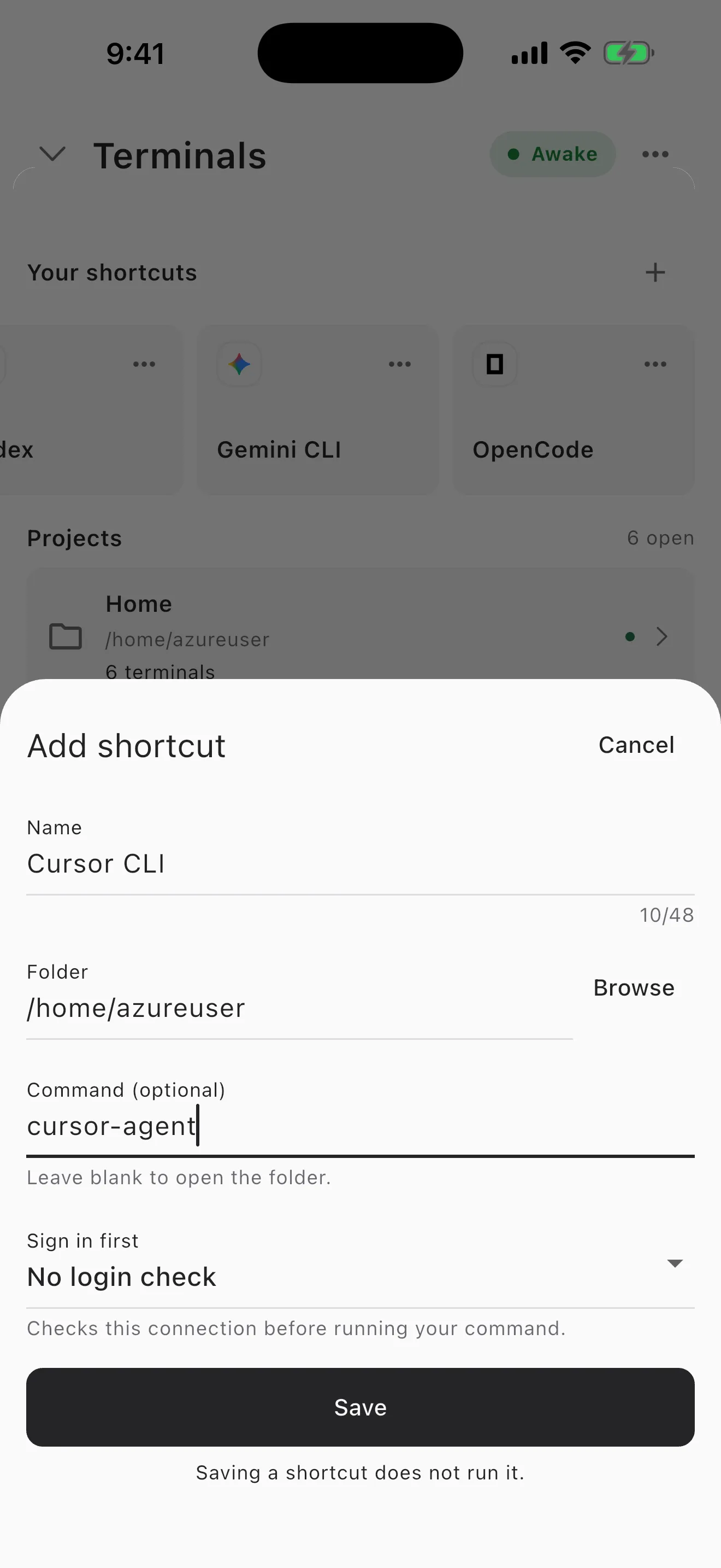 Cosyra Add shortcut sheet with Name set to Cursor CLI and Command set to cursor-agent
