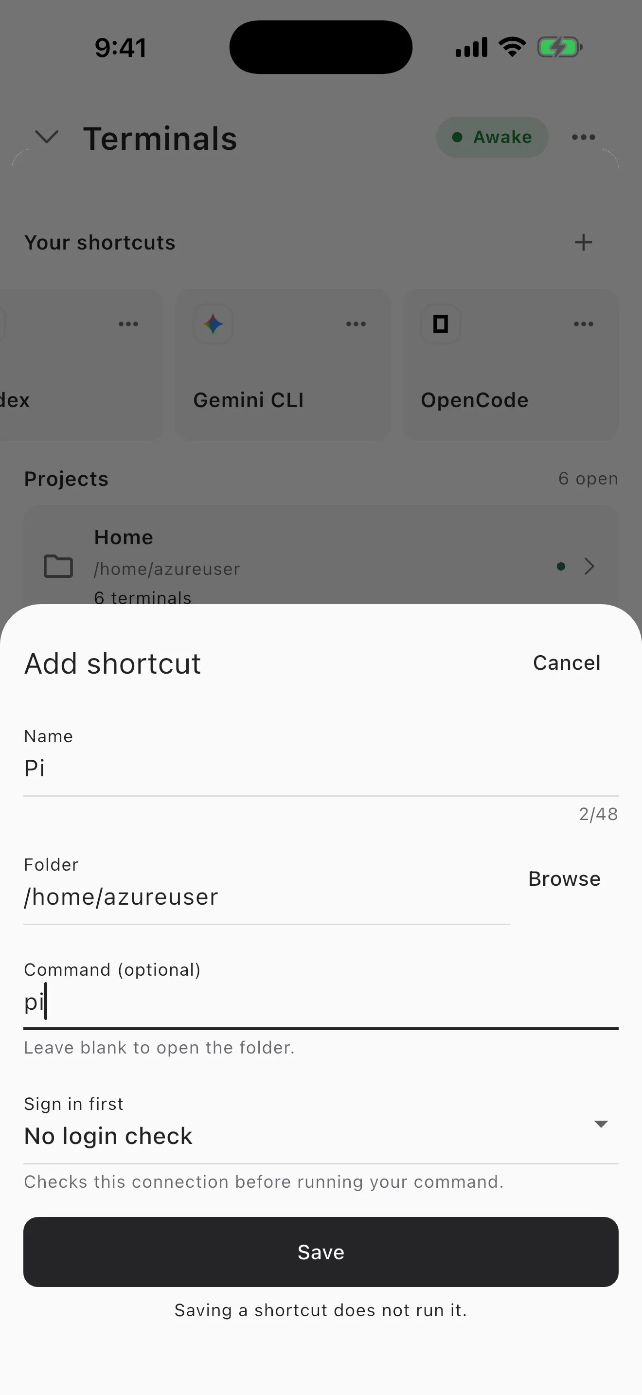 Cosyra Add shortcut sheet with Name set to Pi and Command set to pi
