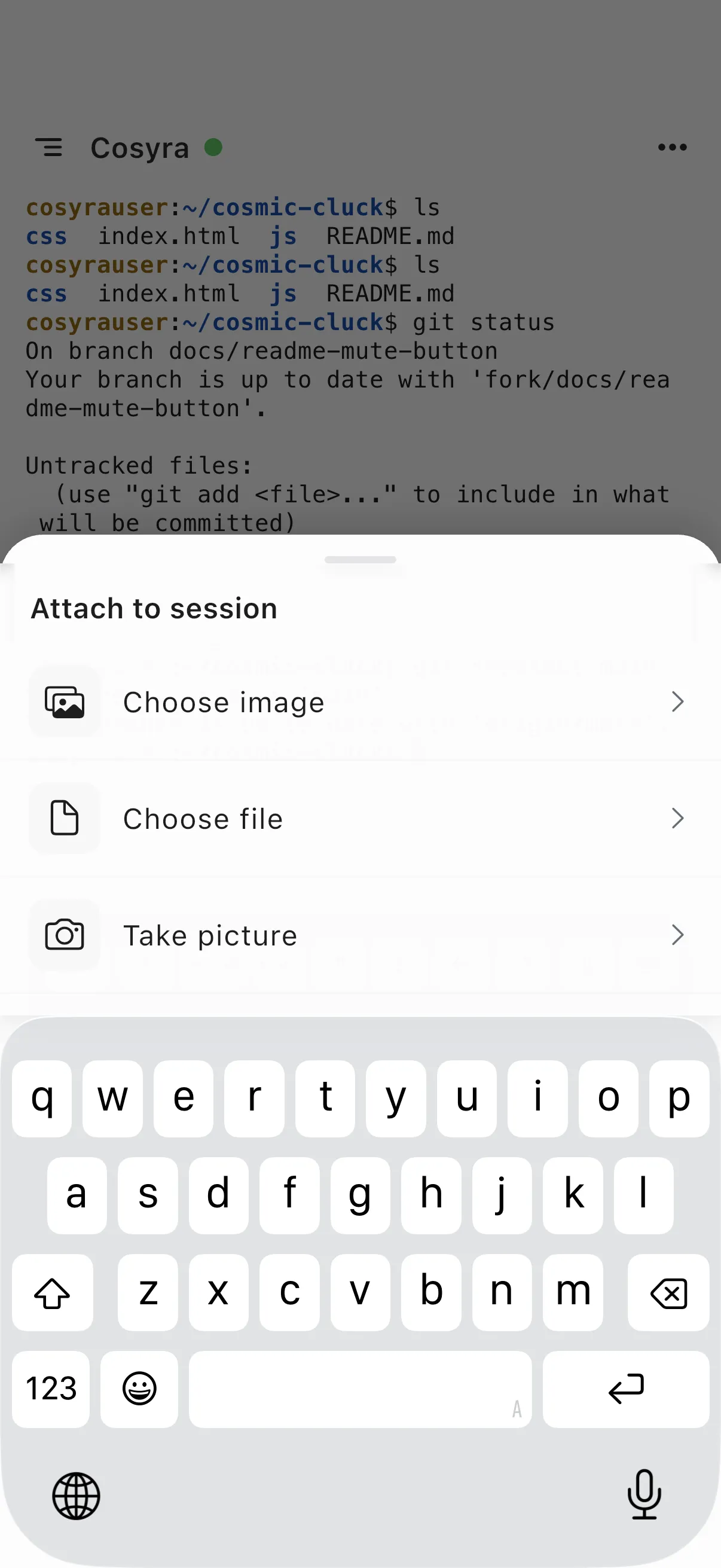 The attach-to-session sheet with options for images, files, and camera