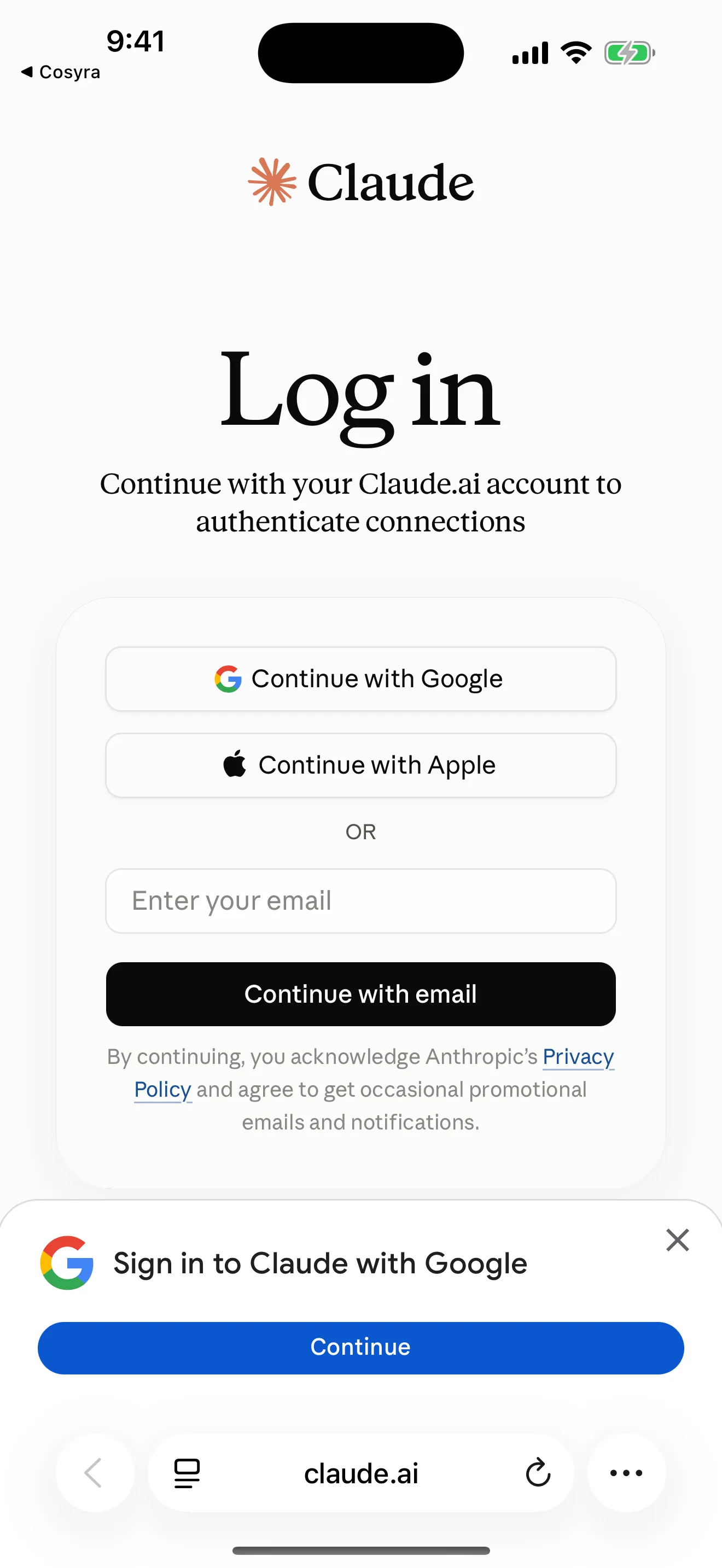 Claude log in page in mobile Safari, opened from the Claude Code sign-in link