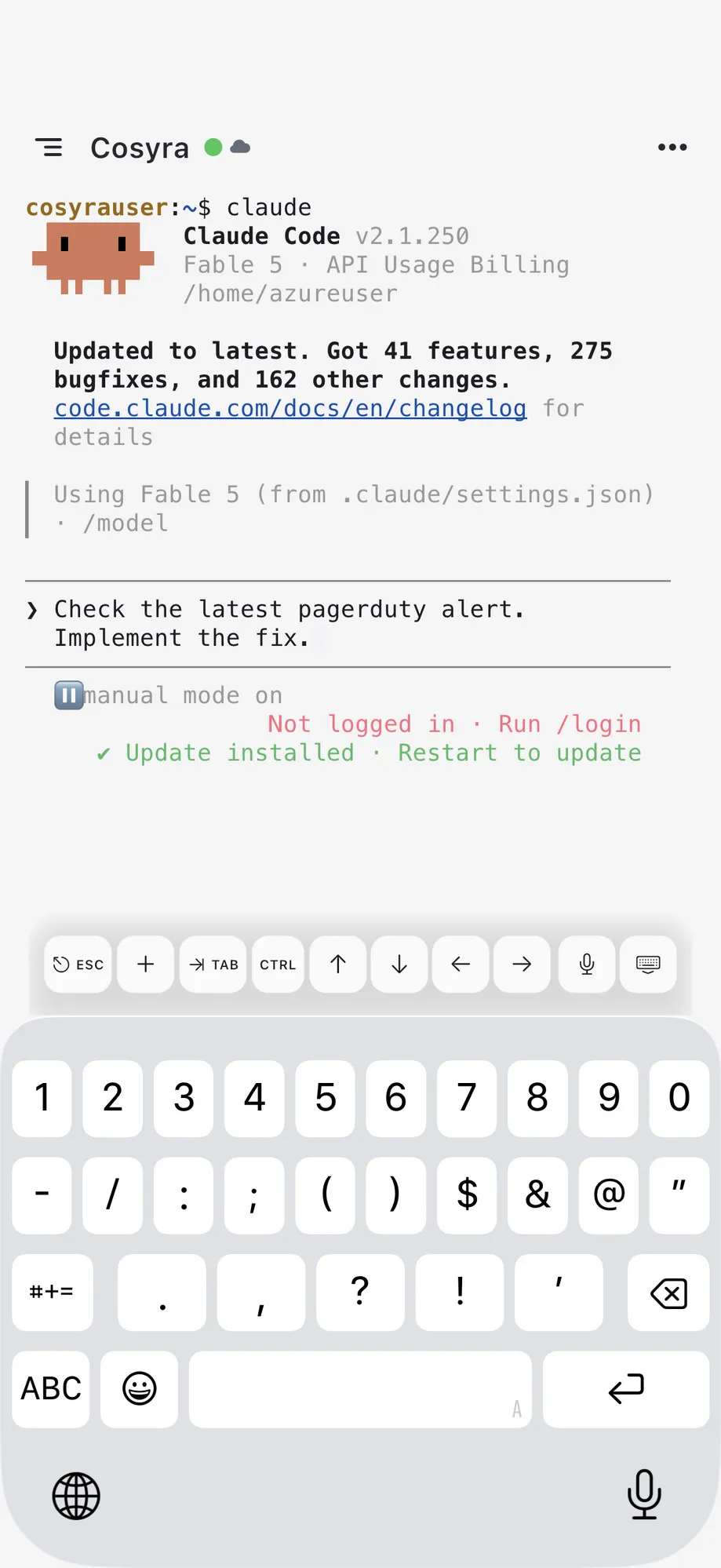 Claude Code running in the Cosyra terminal on an iPhone