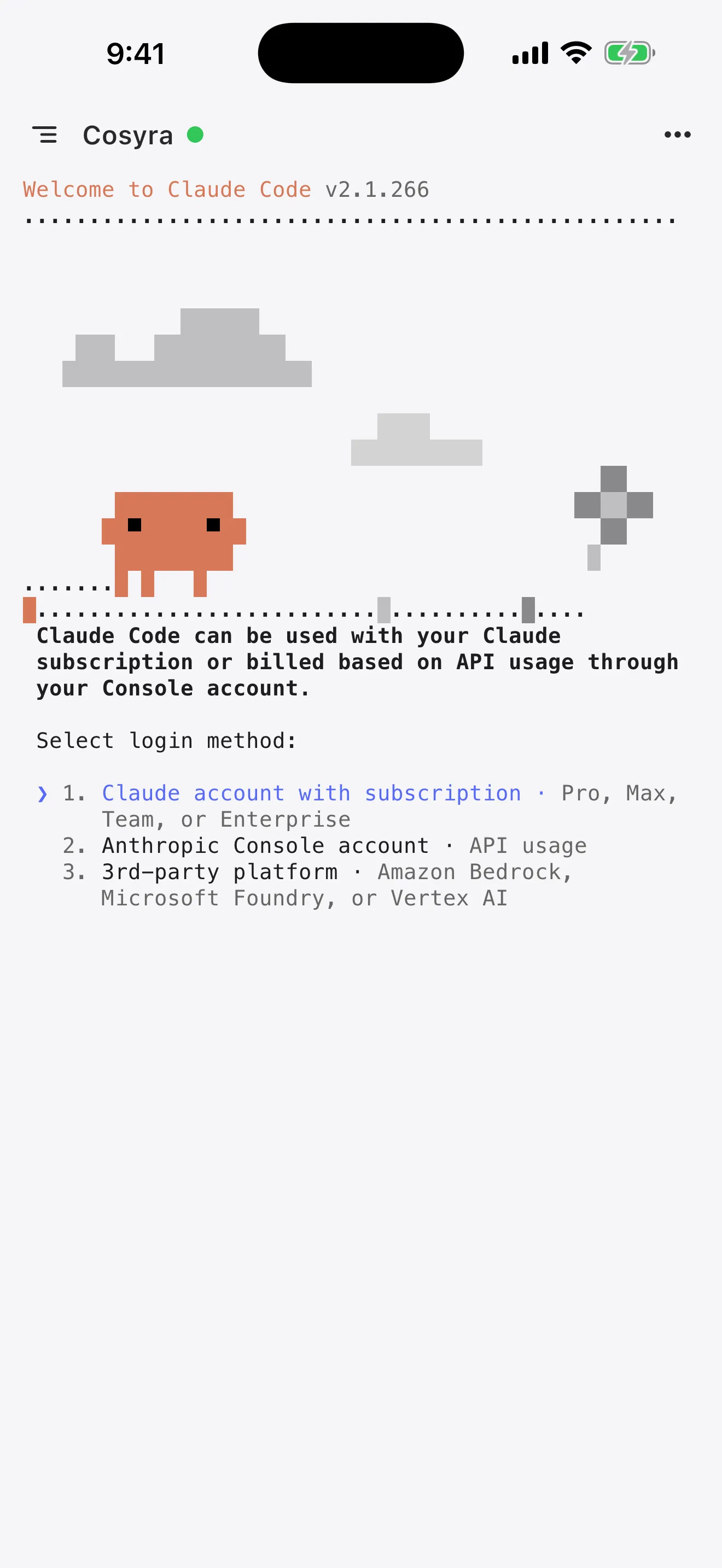 Claude Code Select login method screen on a phone, with Claude account with subscription selected