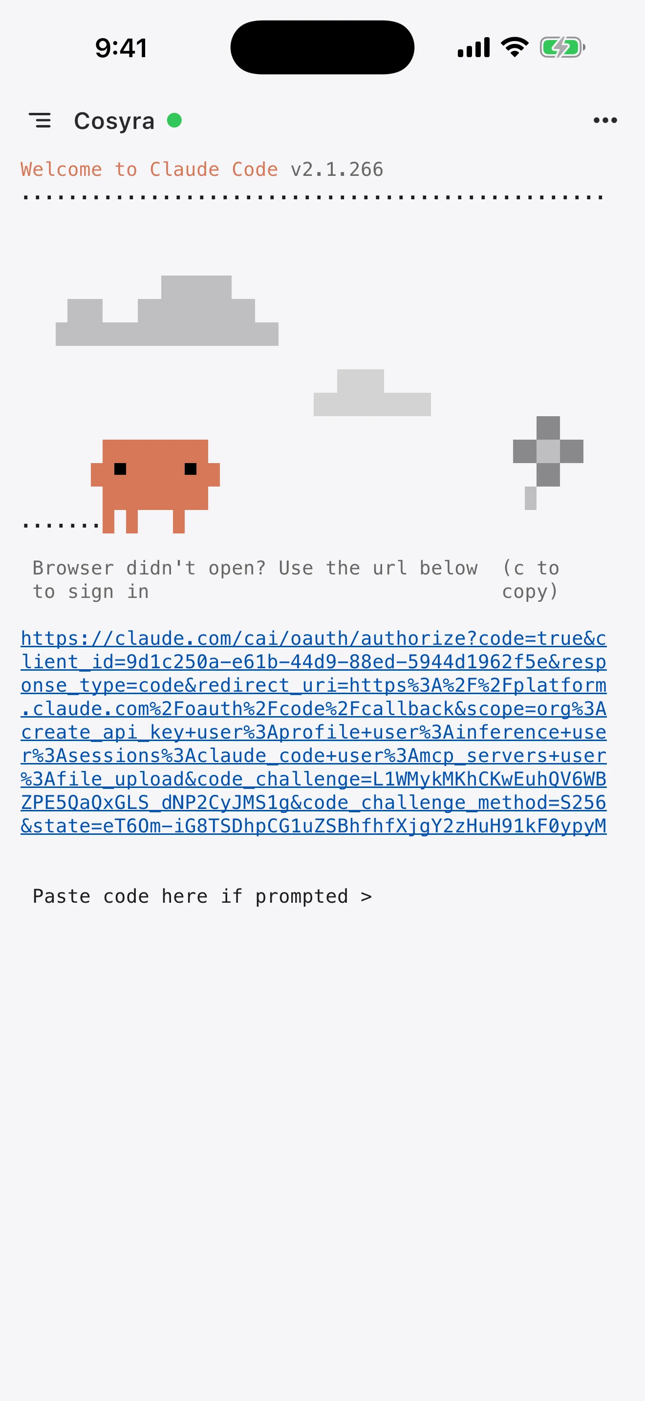 Claude Code showing a sign-in URL and a Paste code here if prompted line in the terminal