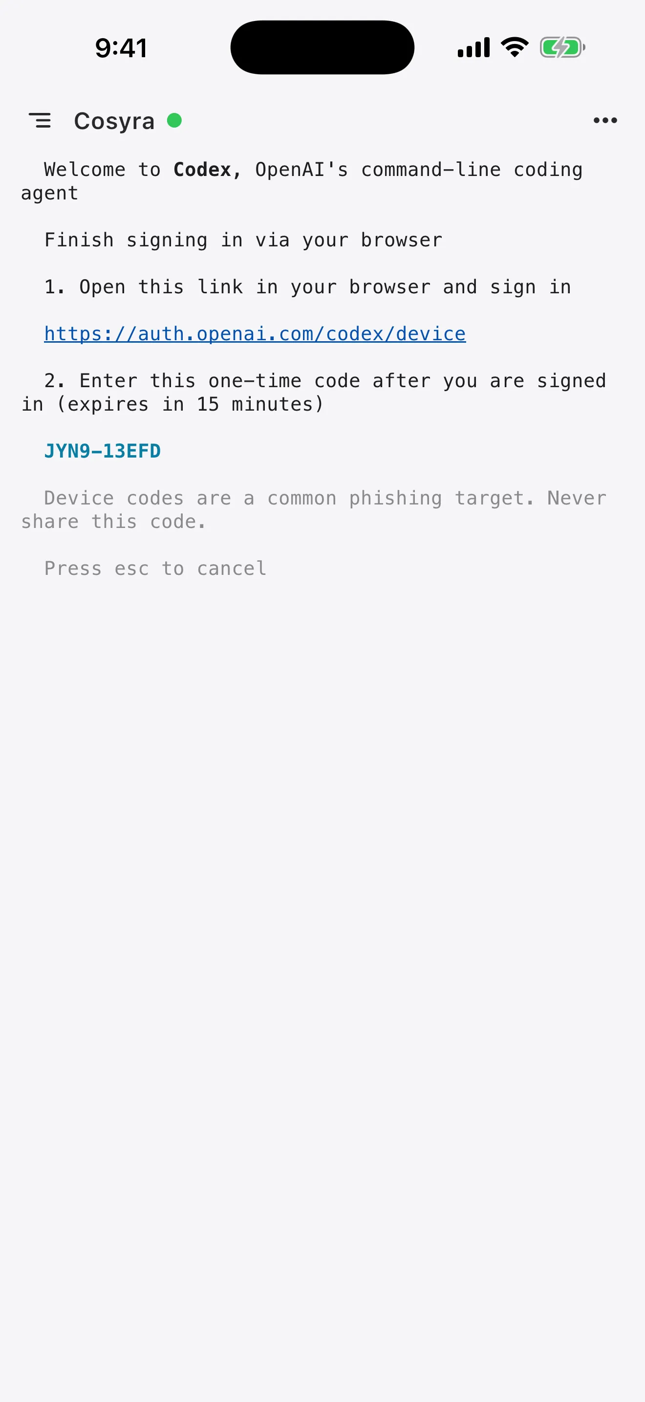Codex Finish signing in via your browser screen on a phone, with a sign-in link and a one-time code