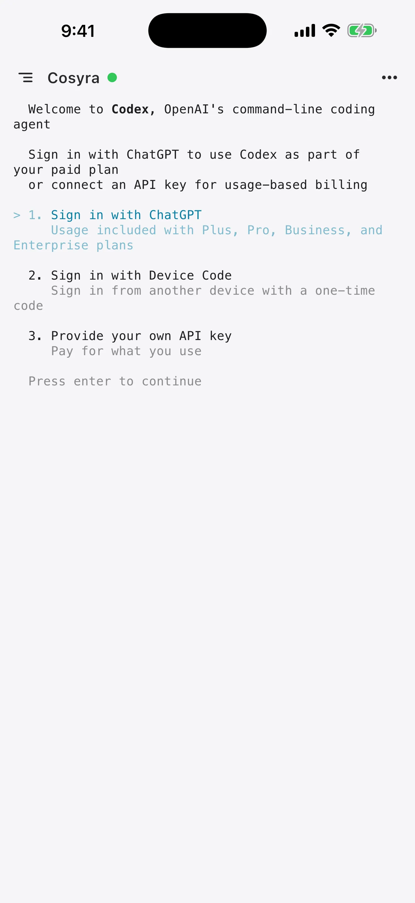 Codex welcome screen on a phone with three sign-in choices: ChatGPT, device code or API key