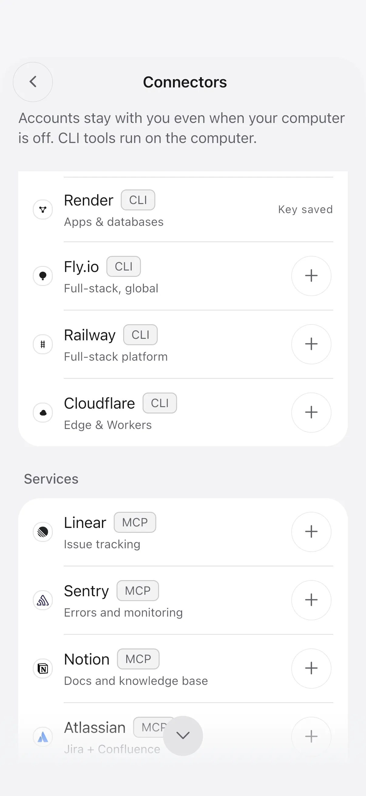 The Cosyra connectors screen listing Linear, Azure, AWS, Google Cloud, Vercel, Netlify, and Render