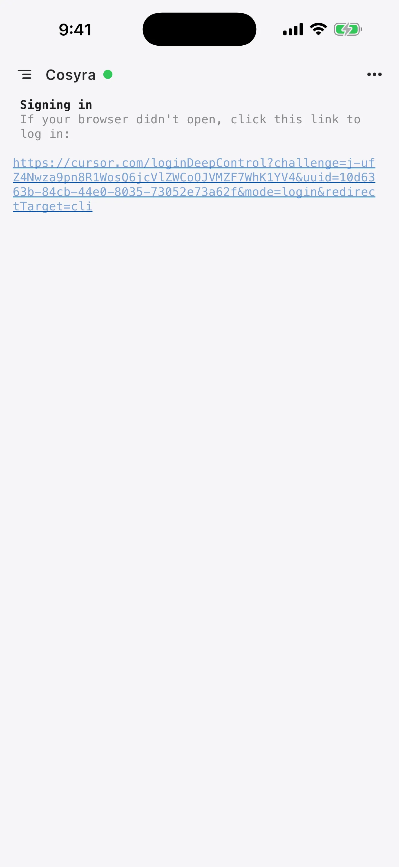 Cursor CLI Signing in screen on a phone with a cursor.com login link