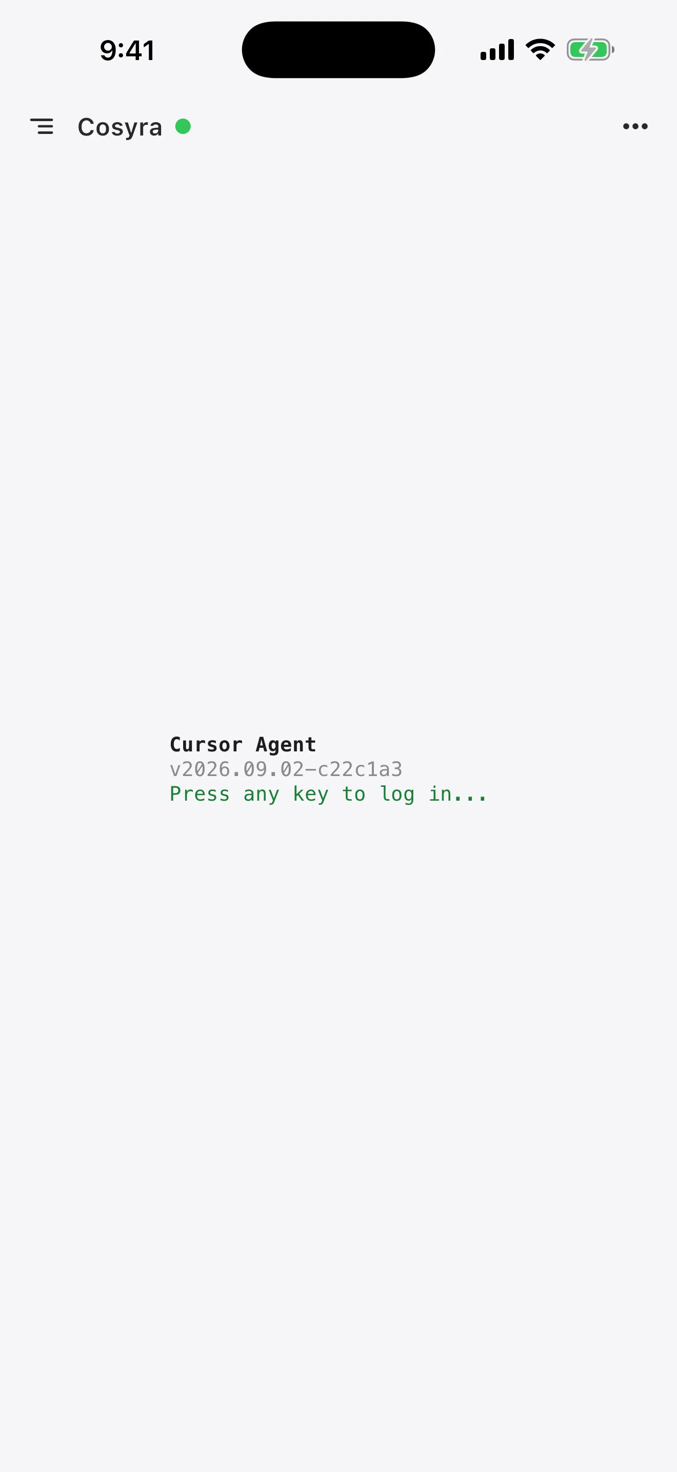 Cursor Agent start screen in a Cosyra terminal on a phone, asking to press any key to log in