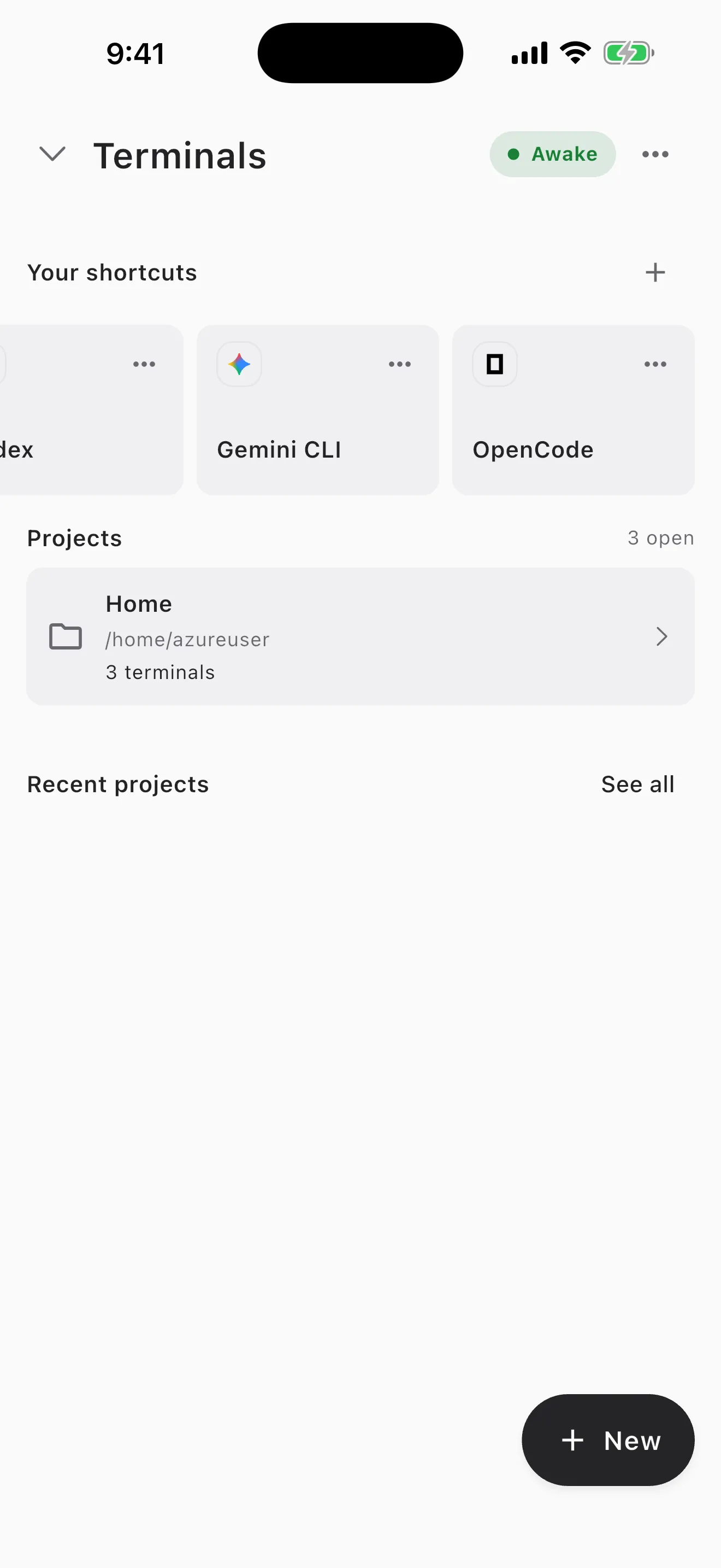 Cosyra Terminals screen with the OpenCode shortcut in the Your shortcuts row