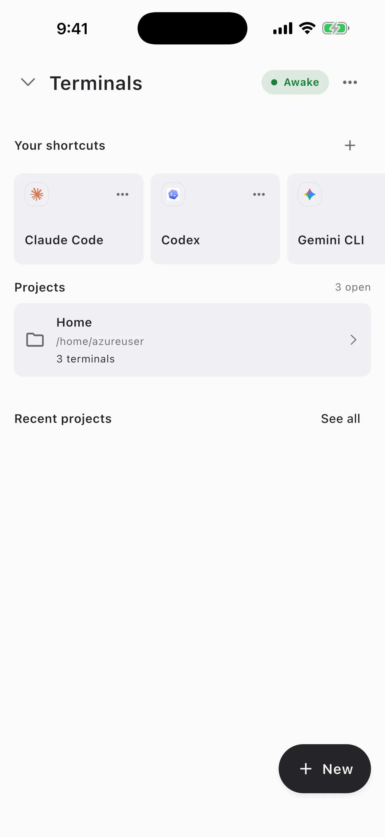 Cosyra Terminals screen with Claude Code first in the Your shortcuts row