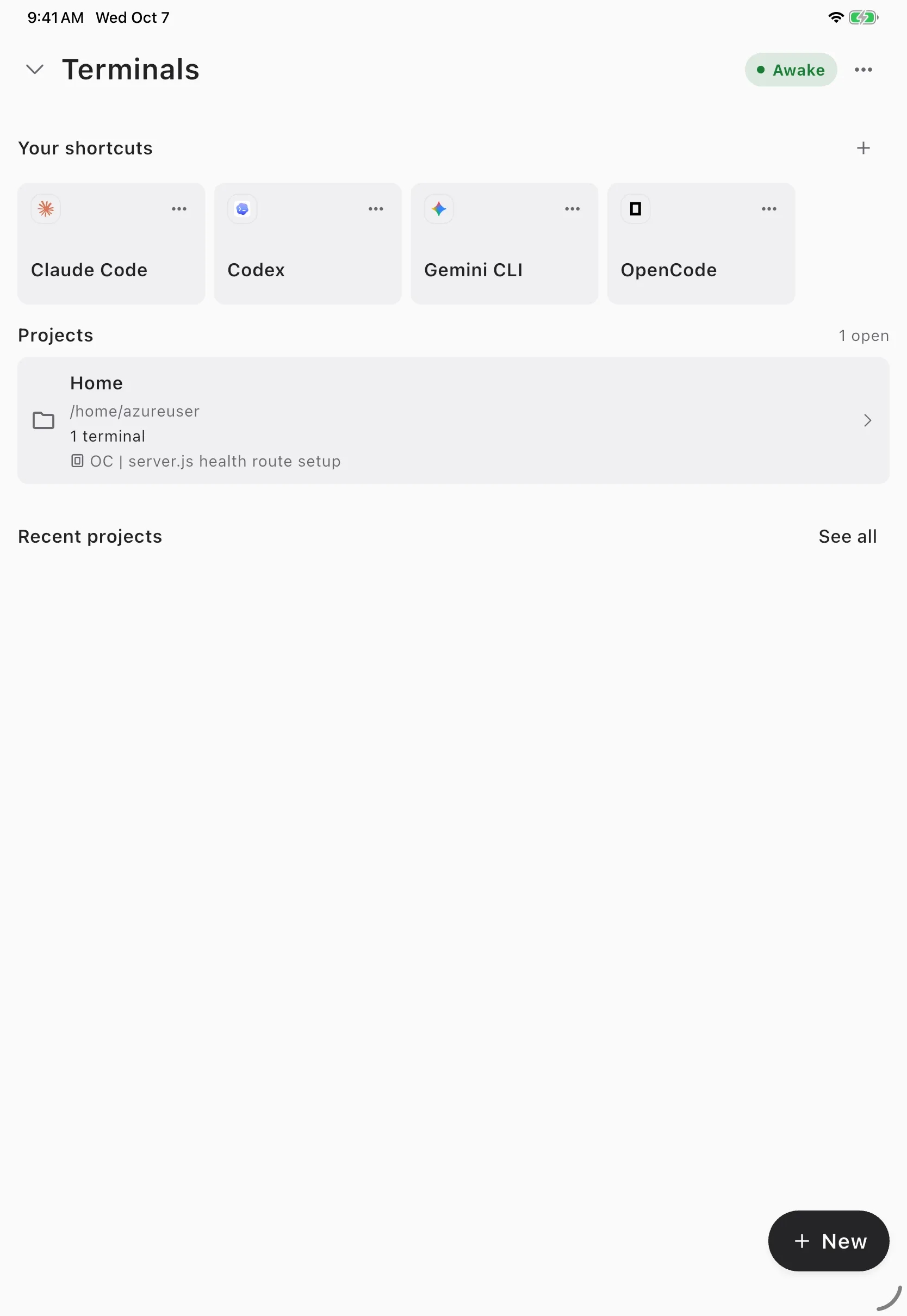 Cosyra Terminals screen on an iPad with Claude Code, Codex, Gemini CLI and OpenCode shortcuts in one row