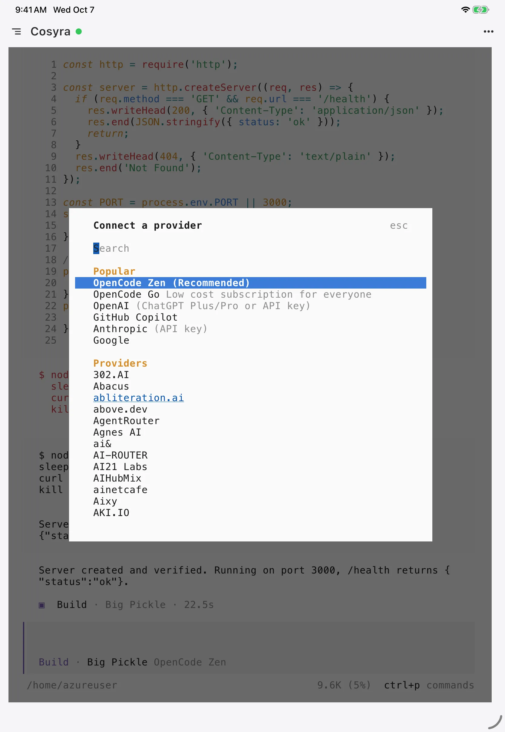 OpenCode Connect a provider dialog on an iPad with the Popular list and the full provider list
