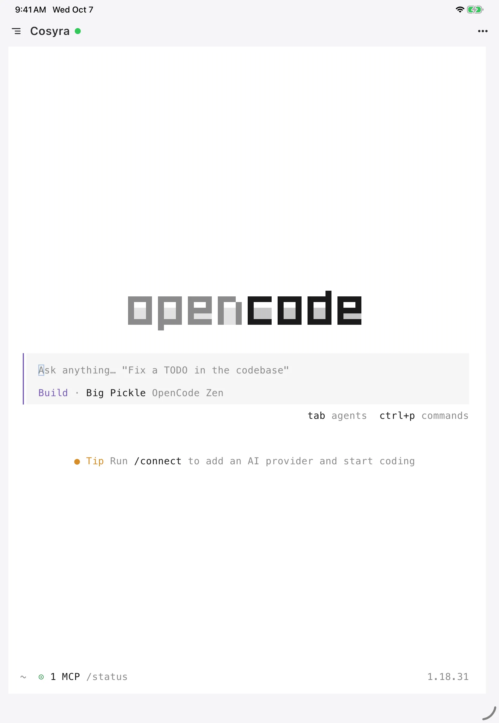 OpenCode start screen in a full-width Cosyra terminal on an iPad, on the Build agent with the Big Pickle model