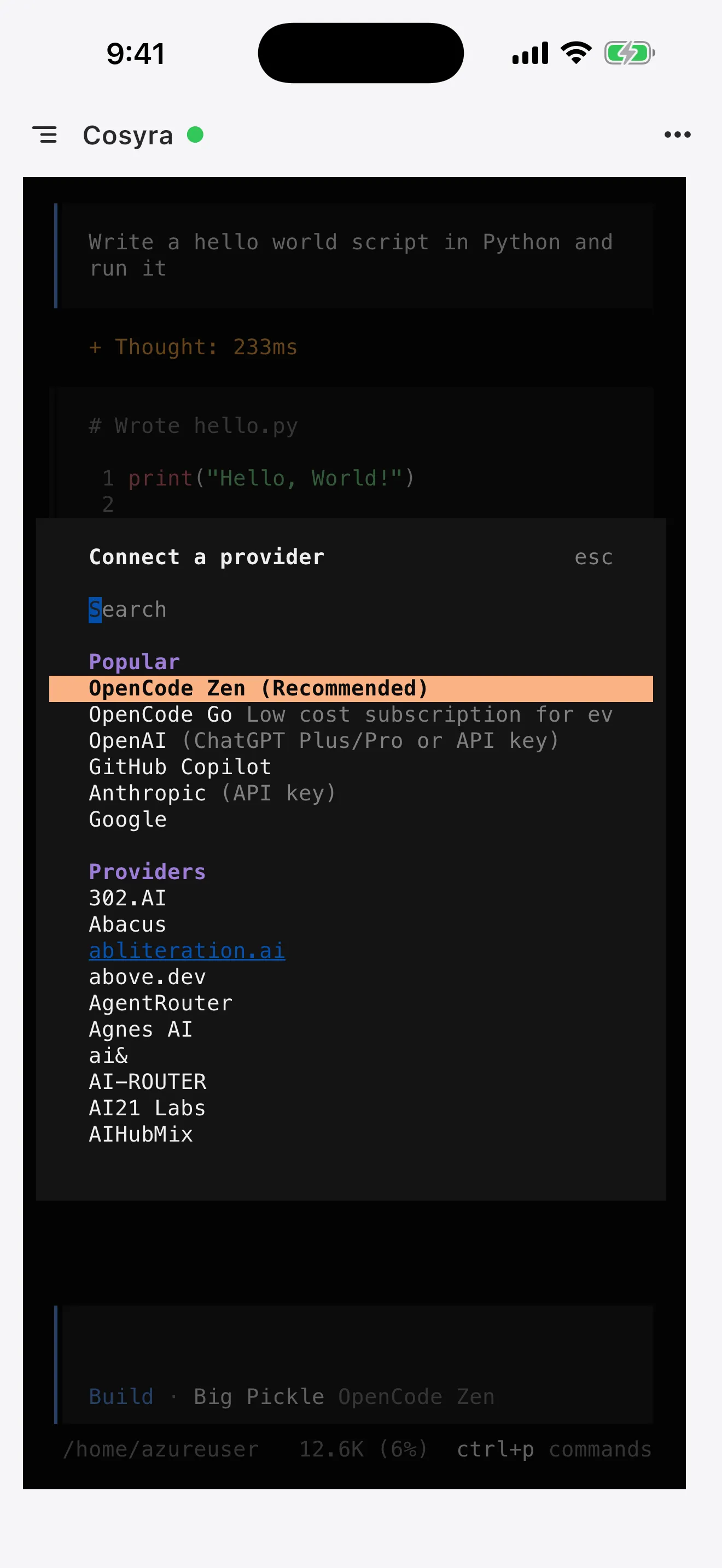 OpenCode Connect a provider list on a phone, showing OpenCode Zen, OpenAI, GitHub Copilot, Anthropic and Google