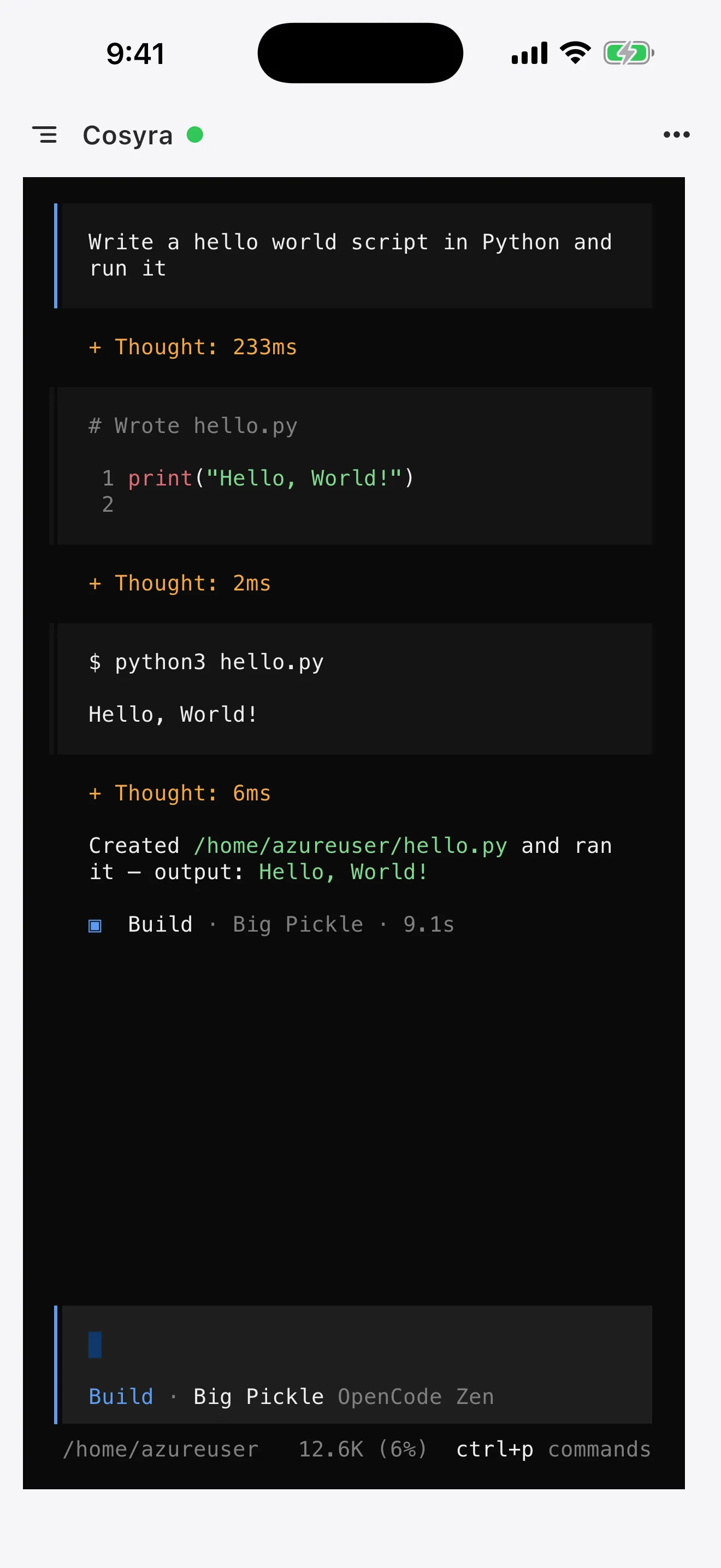 OpenCode on a phone after writing hello.py and running it, printing Hello, World!