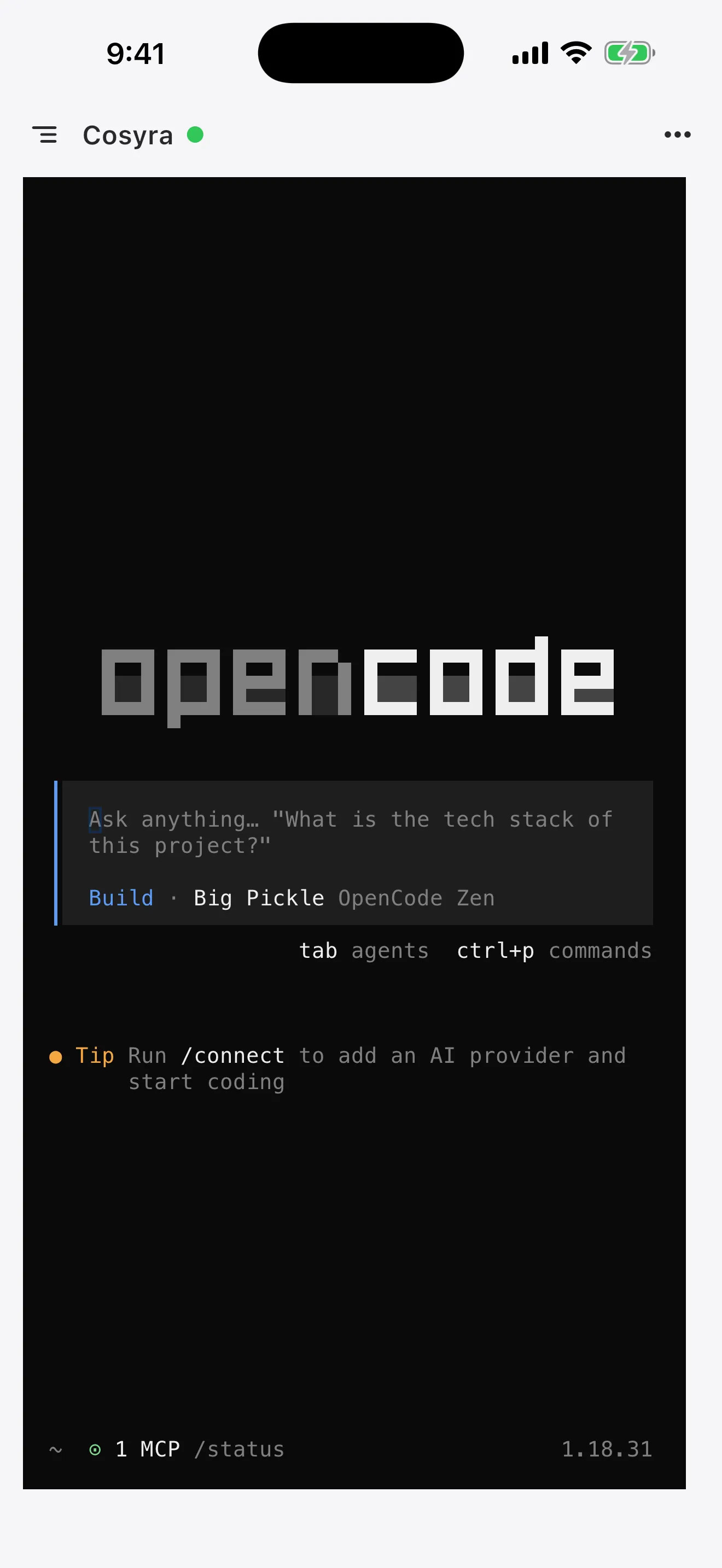 OpenCode start screen in a Cosyra terminal on a phone, on the Build agent with the Big Pickle model