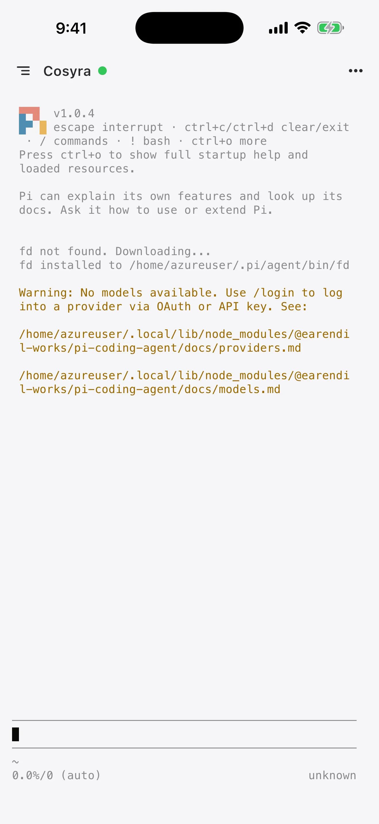 Pi coding agent 1.0.4 running in a Cosyra terminal on a phone