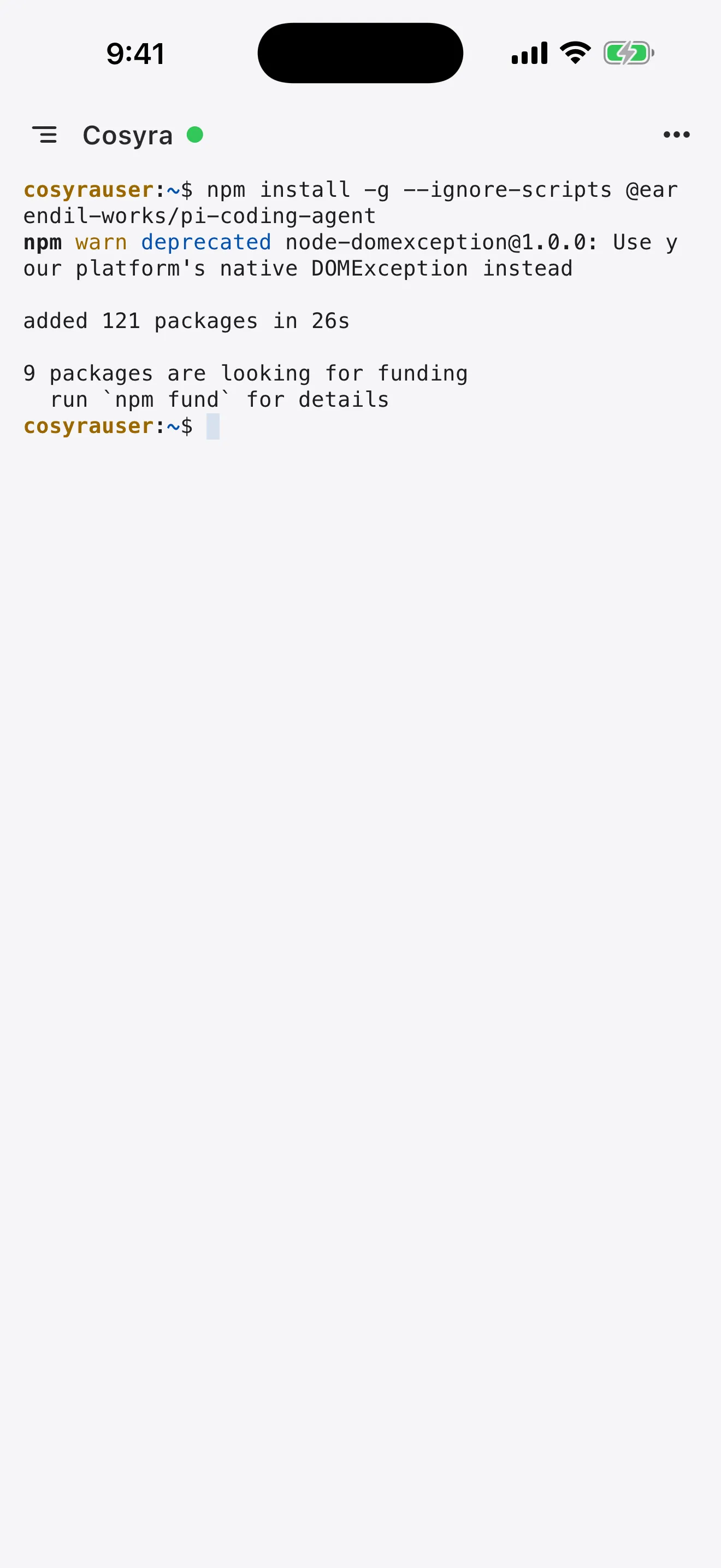 npm install of the Pi coding agent finishing in a Cosyra terminal on a phone: added 121 packages in 26 seconds