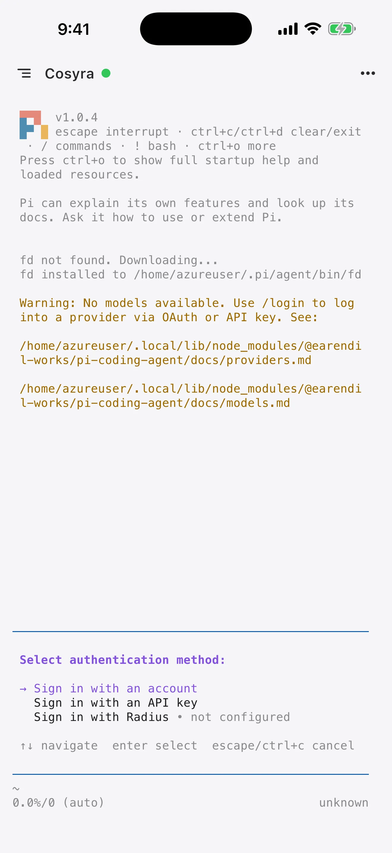 Pi Select authentication method: Sign in with an account, Sign in with an API key, Sign in with Radius