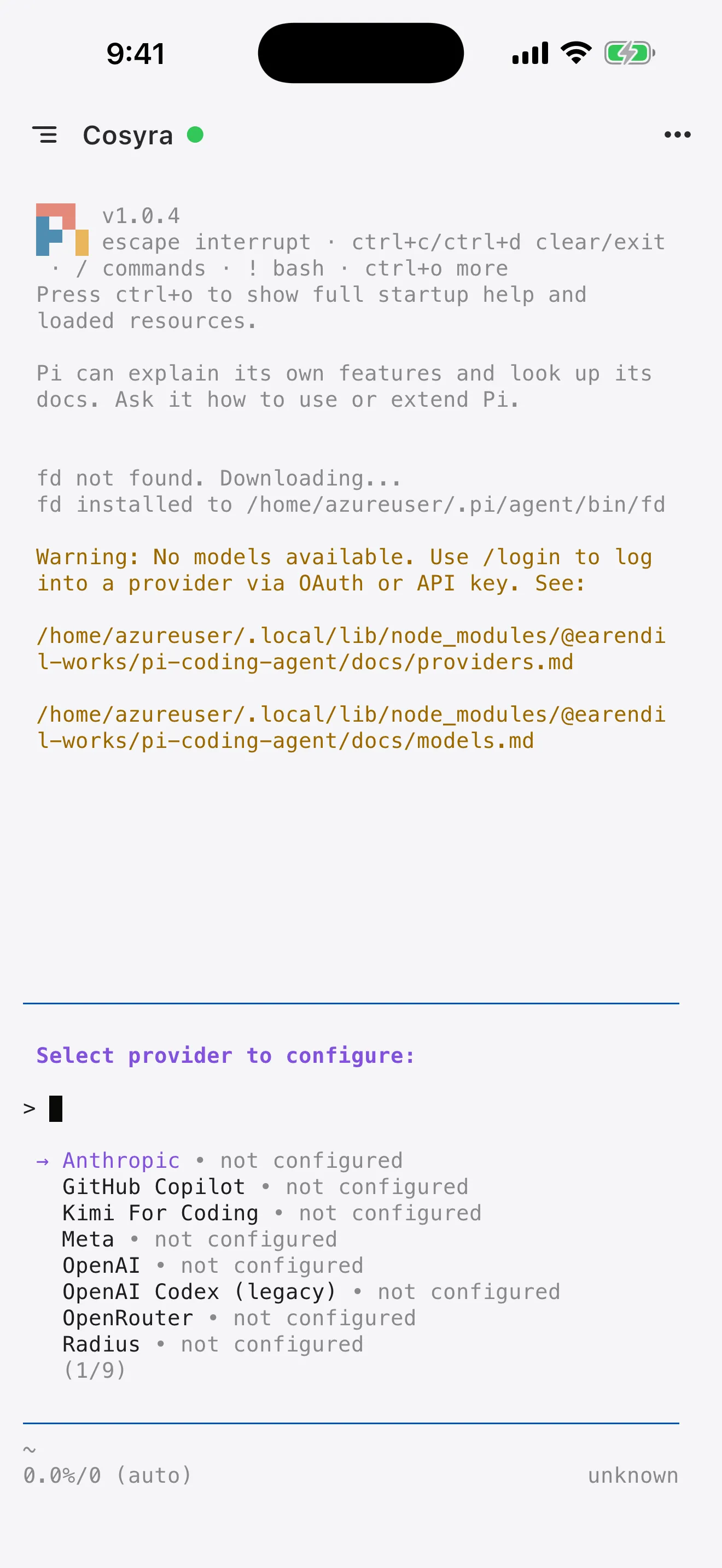 Pi provider list on a phone: Anthropic, GitHub Copilot, Kimi For Coding, Meta, OpenAI, OpenRouter
